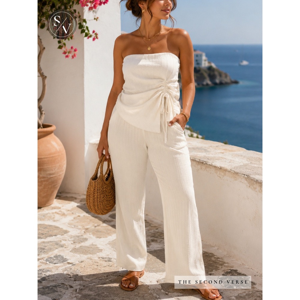 IRIS Strapless Ruched Top and Wide Leg Pants Set Women Coastal White Medium